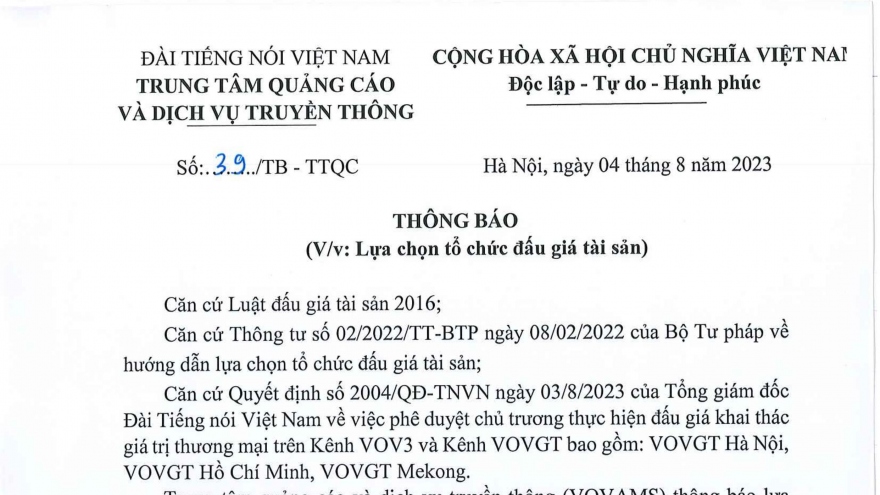 Đài Tiếng nói Việt Nam thông báo “Lựa chọn tổ chức đấu giá tài sản”